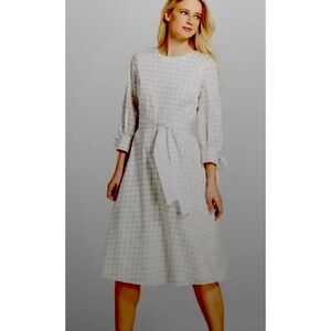 Who What Wear Cotton Dress Tie 3/4  Sleeve A-Line Midi Small Plaid White Black